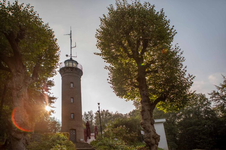 Ein Aussichtsturm aus Ziegelstein mit einem runden oberen Teil und Antennen, umgeben von großen, runden Bäumen. Im Hintergrund ist ein bewölkter Himmel zu sehen.