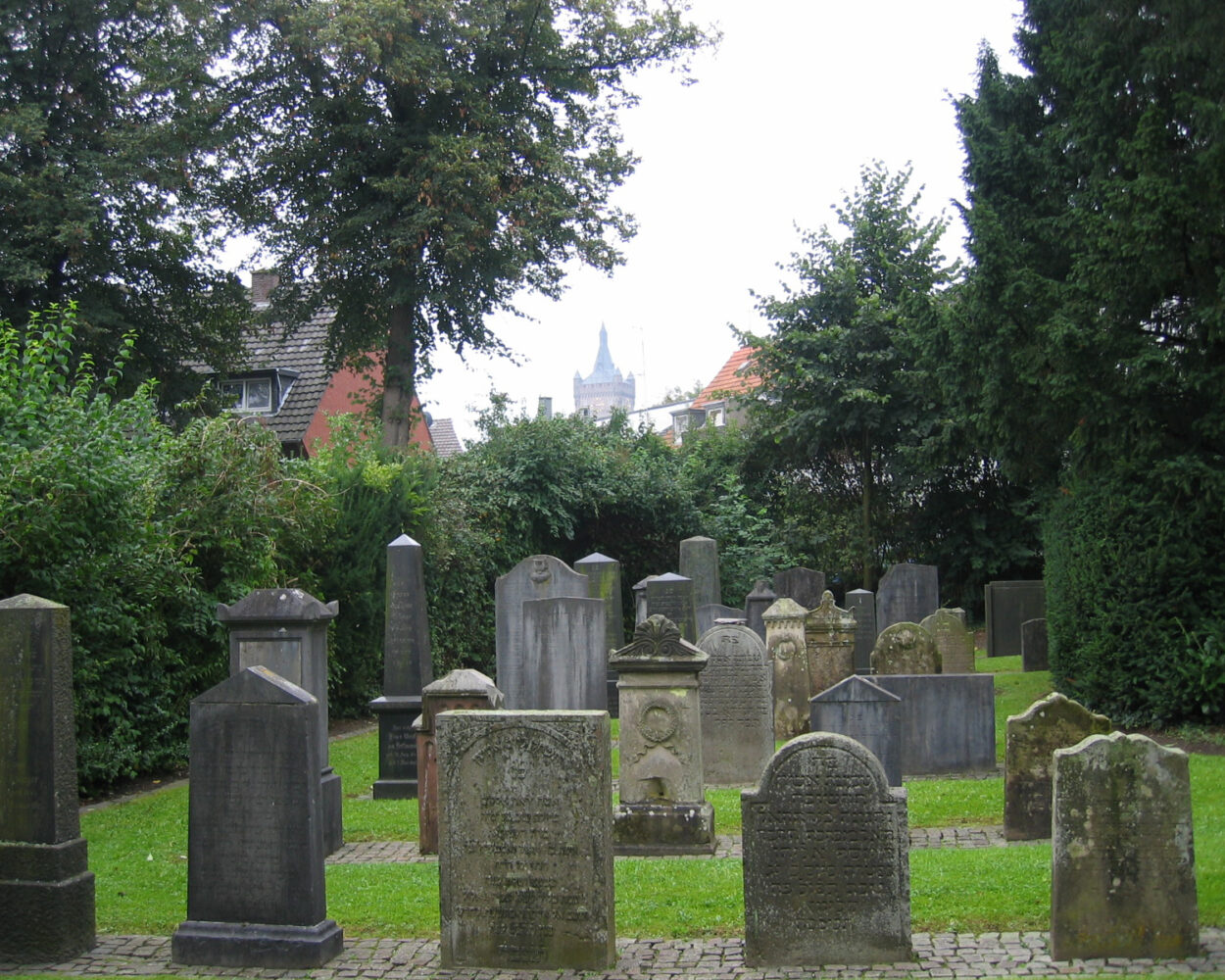 Jüdischer Friedhof mit Rasen als Untergrund und mit Schwanenburg im Hintergrund