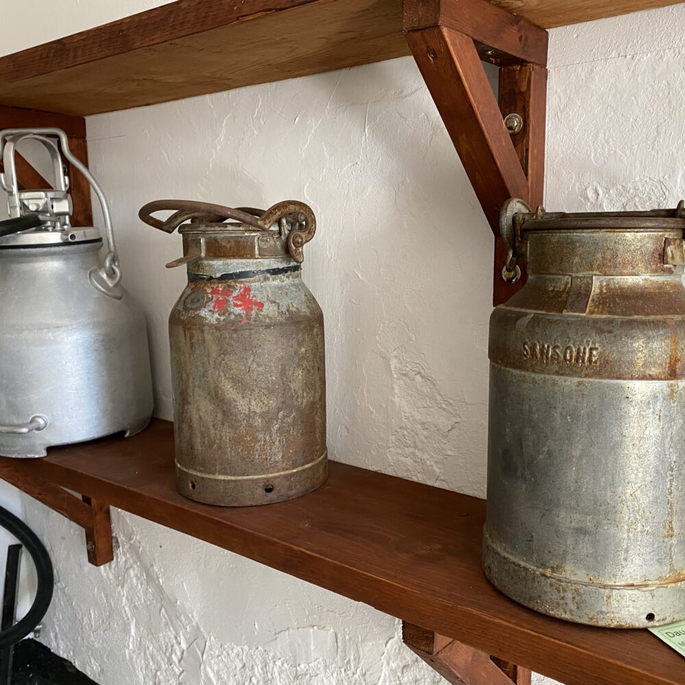 Drei alte Milchkannen aus Metall in verschiedenen Größen auf einem Holzregal vor weißer Wand, eine mit der Prägung 'SANS SOHE' im Käsemuseum auf Gut Hogefeld