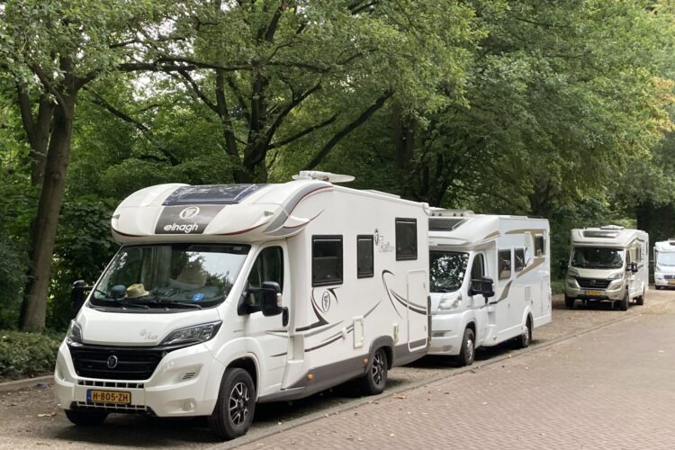 Vier weiße Reisemobile stehen hintereinander auf einem gepflasterten Stellplatz unter grünen Bäumen.