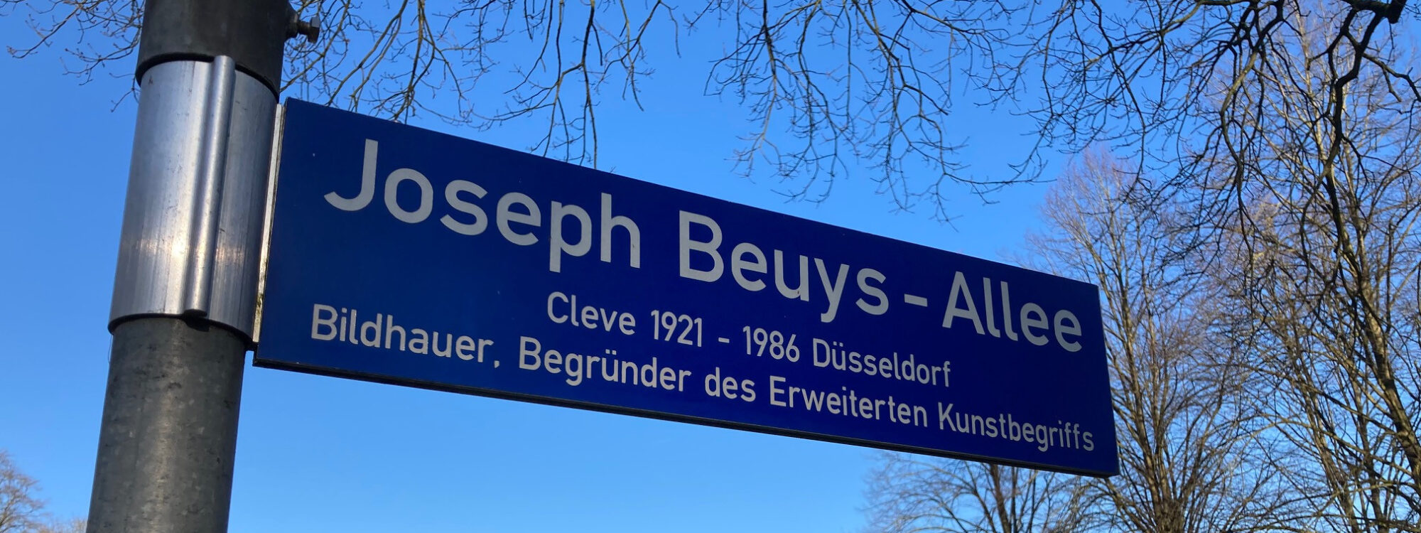 Blaues Straßenschild "Joseph Beuys-Allee"