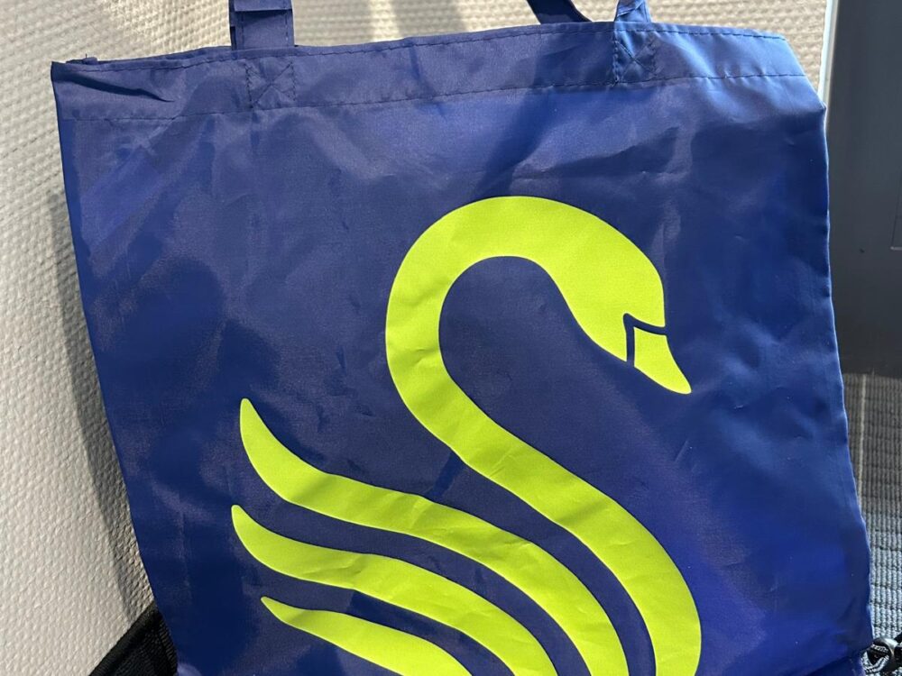 blaue Knudeltasche, mit grünem Schwan