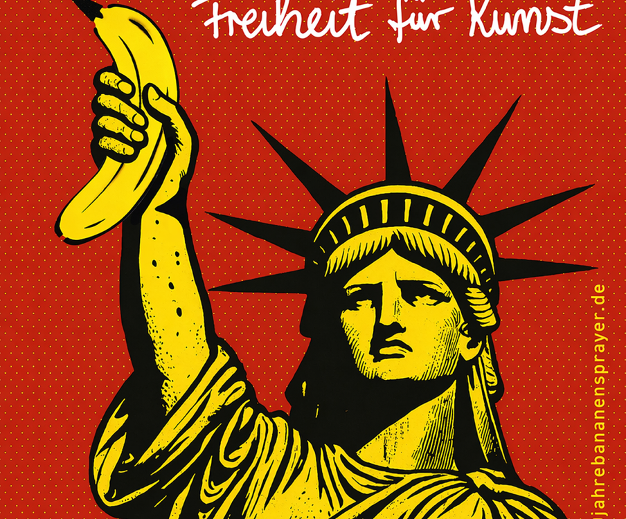 Plakat mit der Freiheitsstatue, die eine Banane hält. Aufschrift: Thomas Baumgärtel. NiederrheinTour 2026. Freiheit für die Kunst