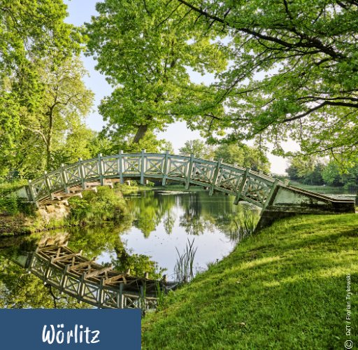 Holzbrücke mit Gittergeländer über ruhigem Fluss in grünem Park mit Bäumen und Wiese