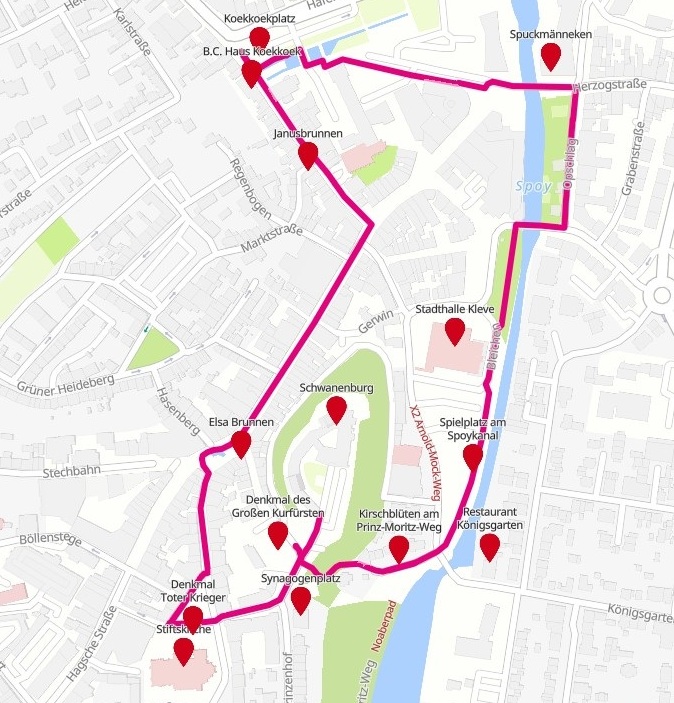 Karte mit Route und eingezeichneten POIs von Kleve