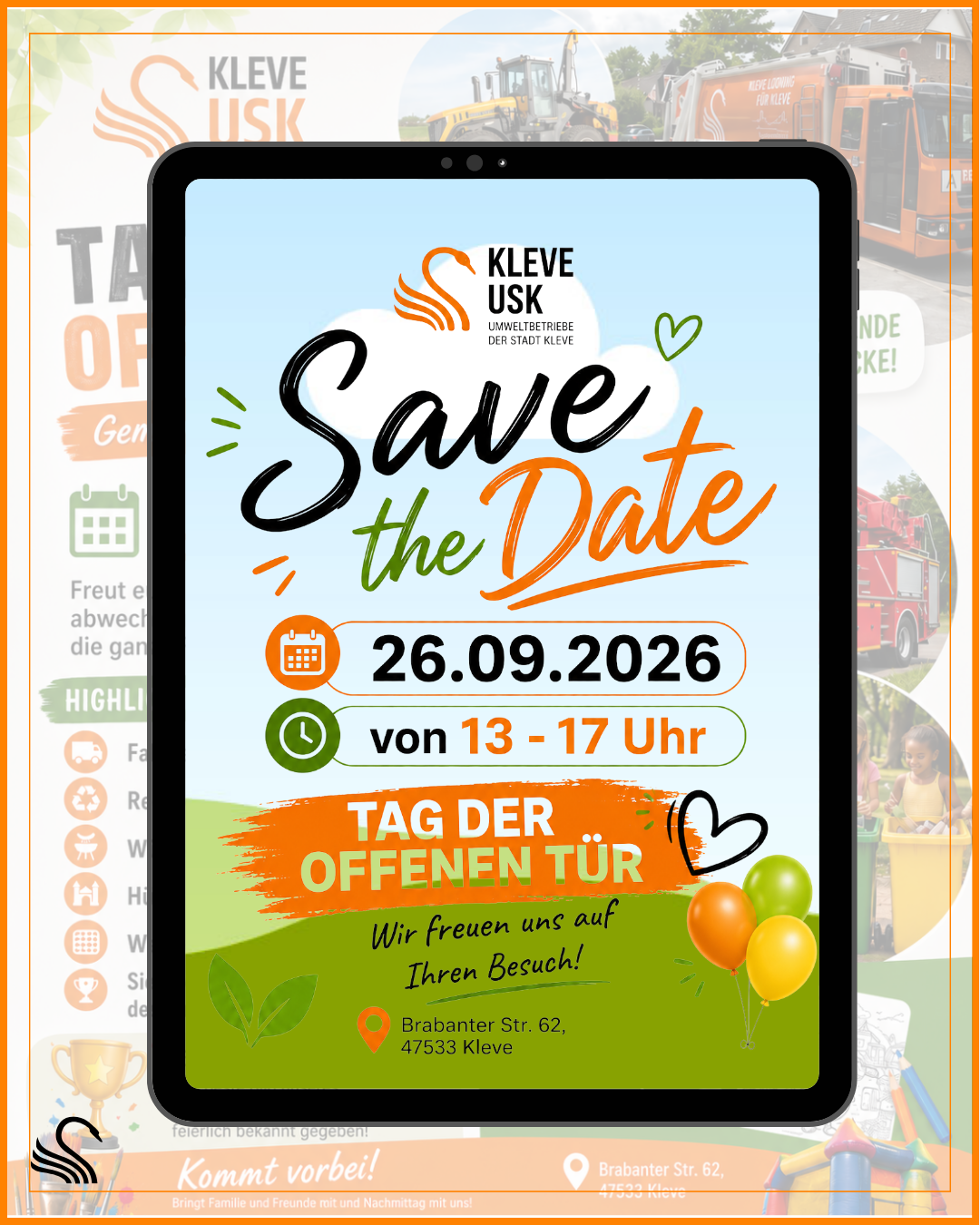 Digitales Plakat auf Tablet mit dem Text 'Save the Date 26.09.2026 von 13 - 17 Uhr Tag der offenen Tür Wir freuen uns auf Ihren Besuch! Brabanter Str. 62, 47533 Kleve' und bunten Luftballons unten rechts