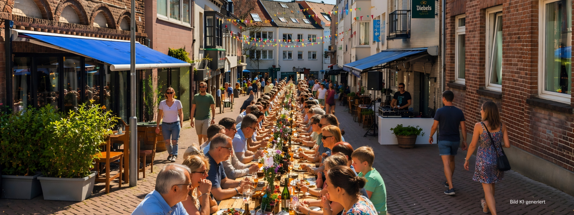 Menschen an einer langen Tafel in der Schloßstraße.