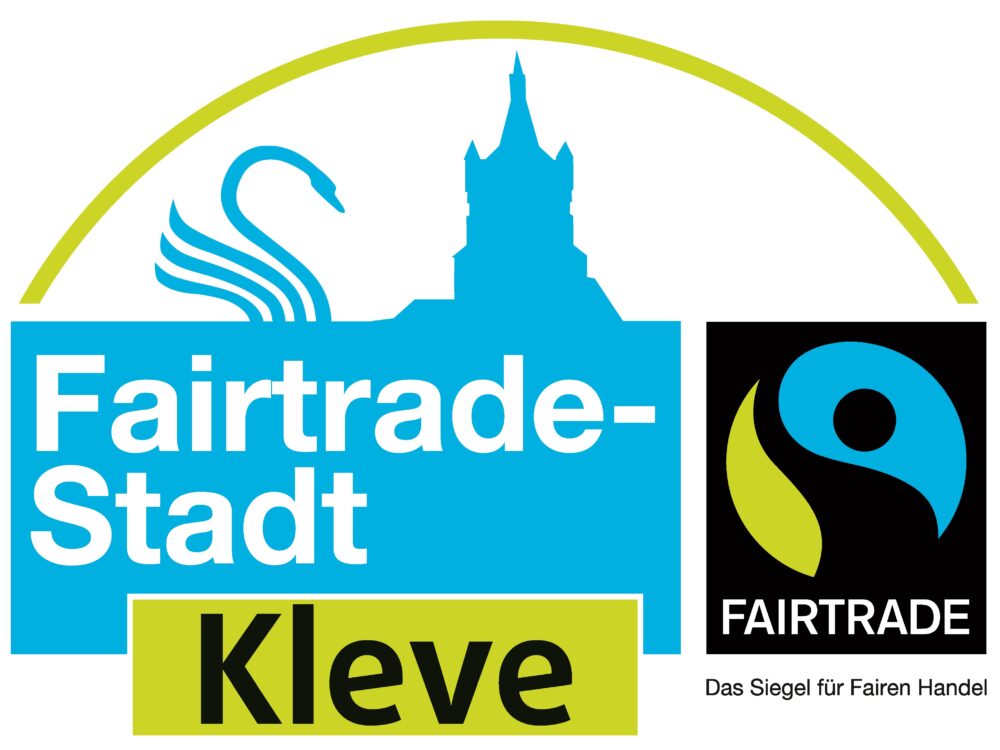 Logo mit der Silhouette einer Stadt, dem Schriftzug 'Fairtrade-Stadt Kleve' und dem Fairtrade-Siegel mit dem Text 'Das Siegel für Fairen Handel'