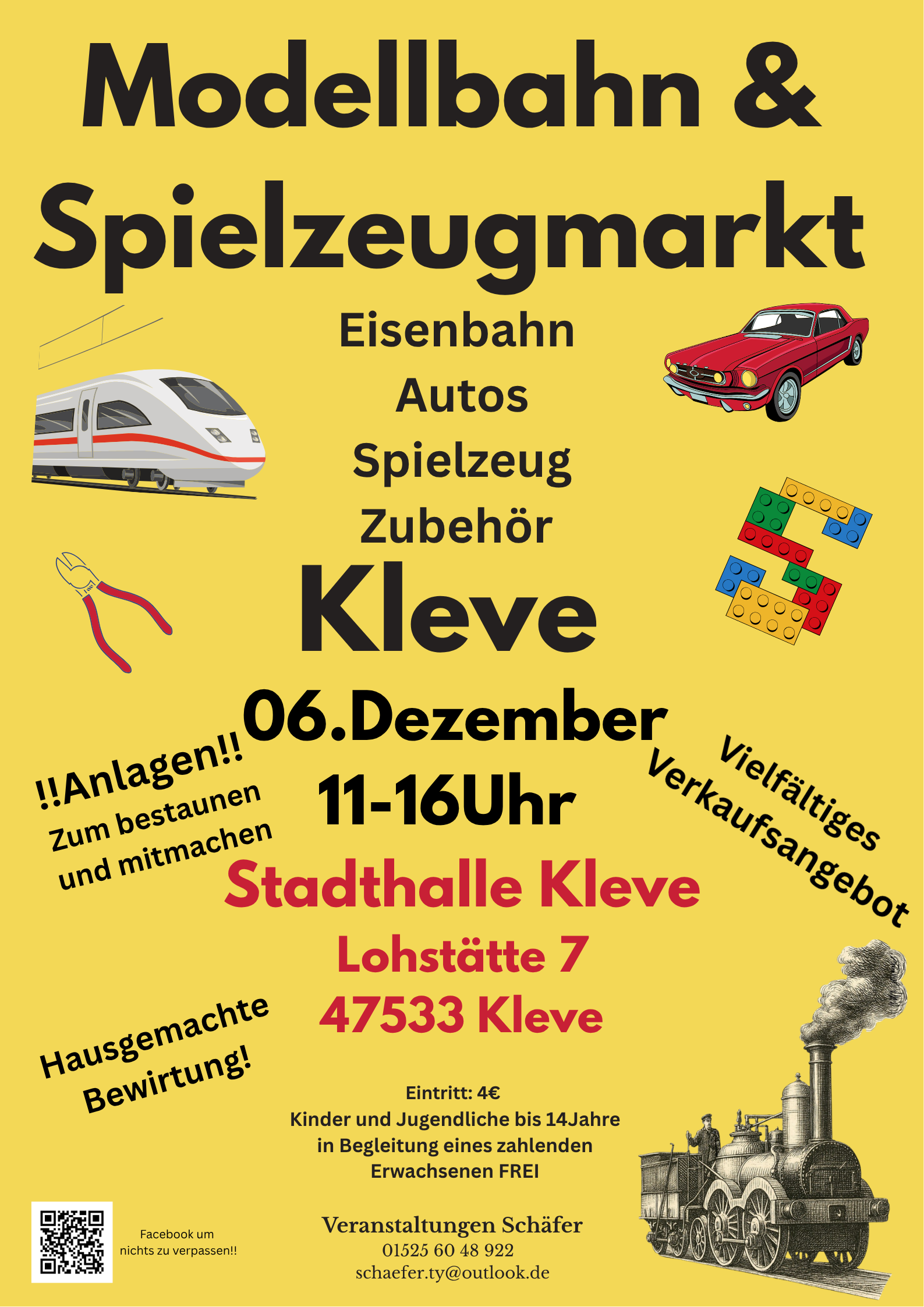 Plakat für Modellbahn- und Spielzeugmarkt in Kleve am 6. Dezember von 11 bis 16 Uhr mit Bildern von Zug, Auto, Zange, Legosteinen und Dampflokomotive