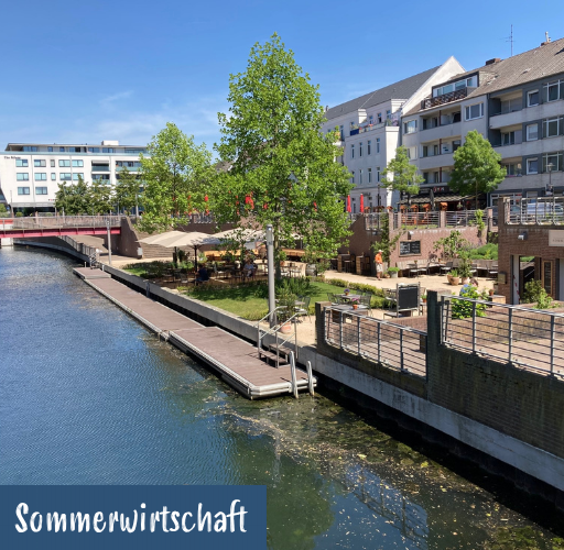 Flussufer mit Steg, Bäumen und Außengastronomie vor mehrstöckigen Wohngebäuden bei sonnigem Wetter