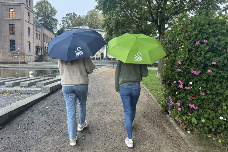 Zwei Personen spazieren mit dem neuen Kleve-Regenschirm über einen Weg. Der eine Schirm ist blau, der andere grün. Es ist ein weißer Schwan und der Schriftzug Kleve zu sehen.